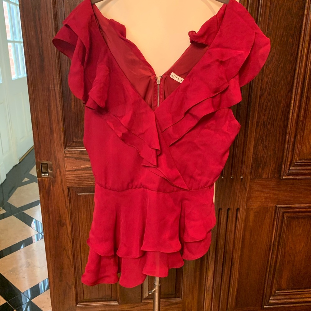 alice & olivia silk ruffle red top